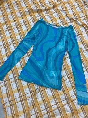 Emilio Pucci Teal & Turquoise Sheer Wave-Print Long Sleeve Top